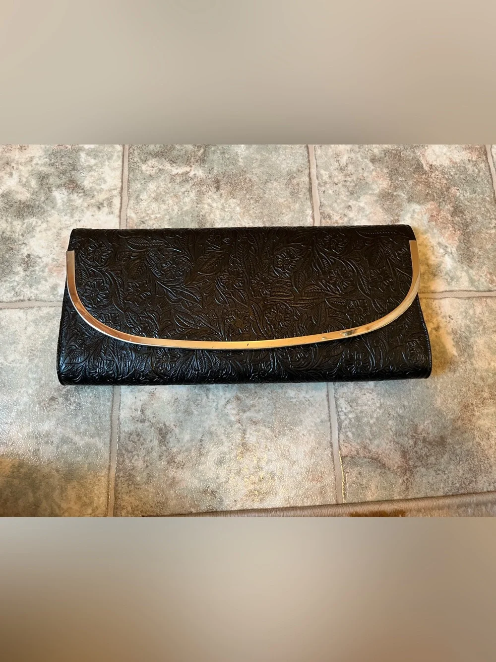 Lulu Townsend Black Floral Embossed Clutch Handbag